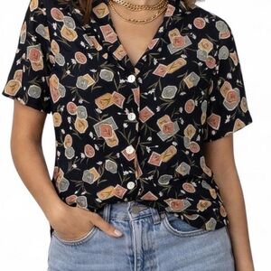 Vintage 90s Navy Floral Button Down Shirt Botanical Print